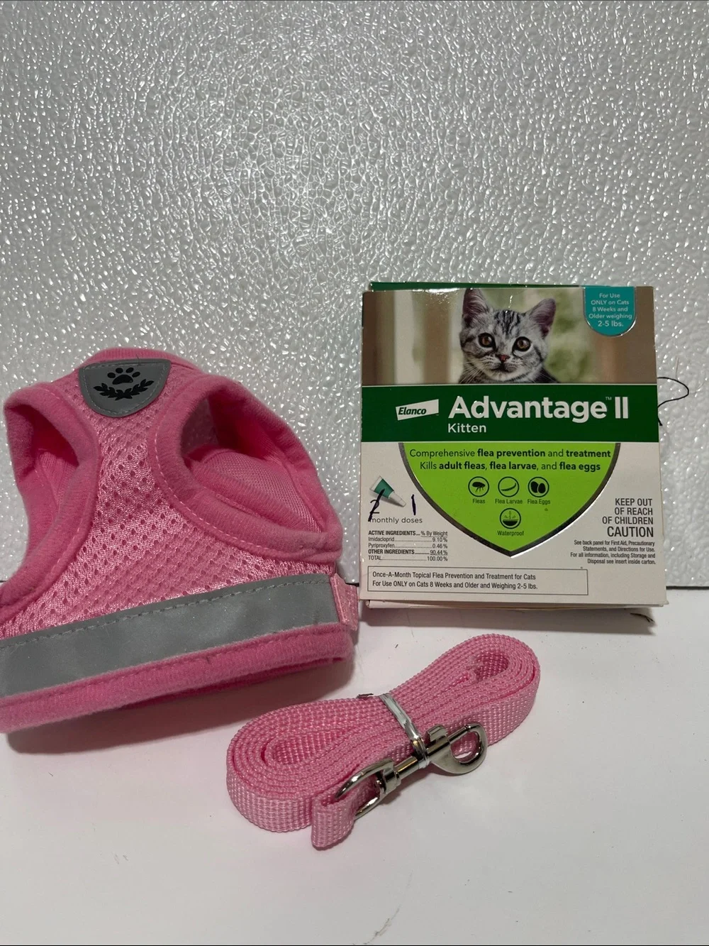 5/$25 Pink Reflective Kitten Harness/Leash Set and 1 month Advantage II